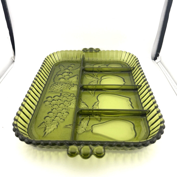 VTG Indiana Glass Green 5 Part EUC Divided Relish Fruit Design Tray 11"x9" - Picture 6 of 10